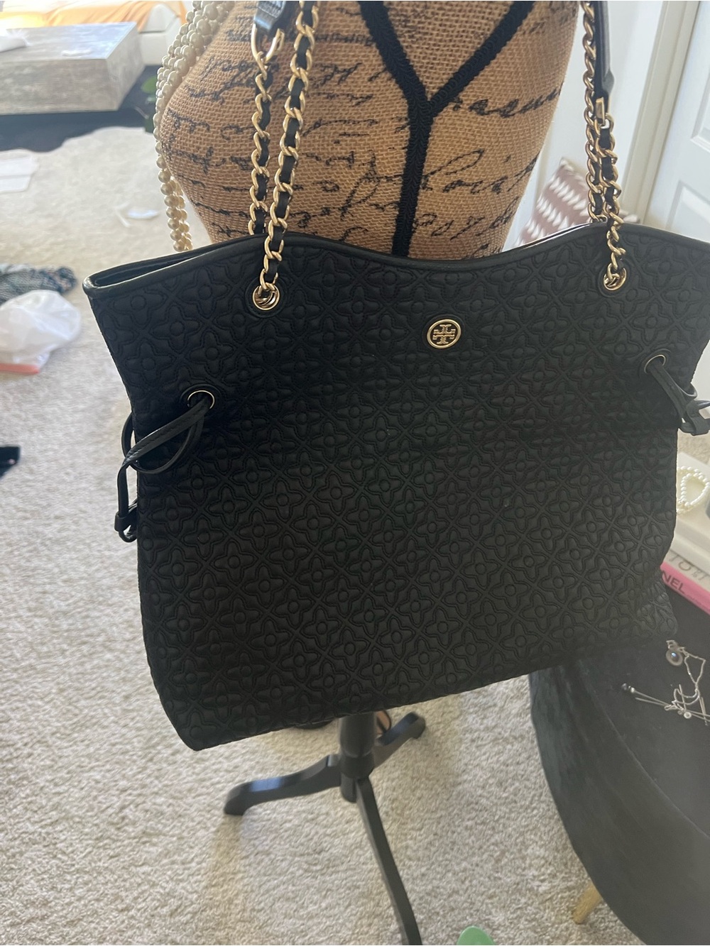Tory Burch Black Quilted Tote with Gold Chain Straps